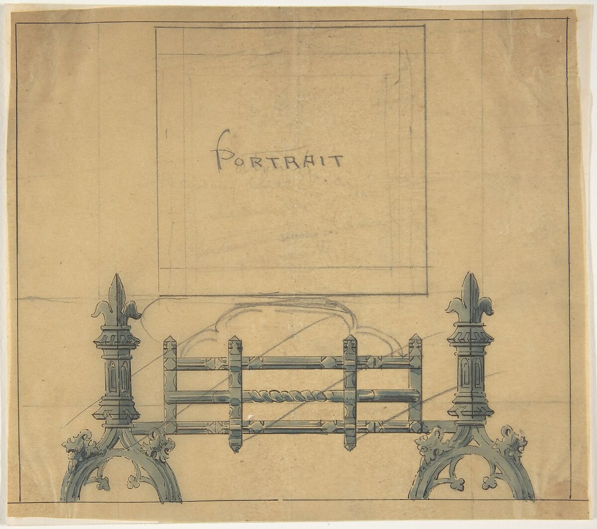 Design for a Fireplace Grate, Anonymous, British, 19th century, Pen and ink, watercolor and graphite on tracing paper 