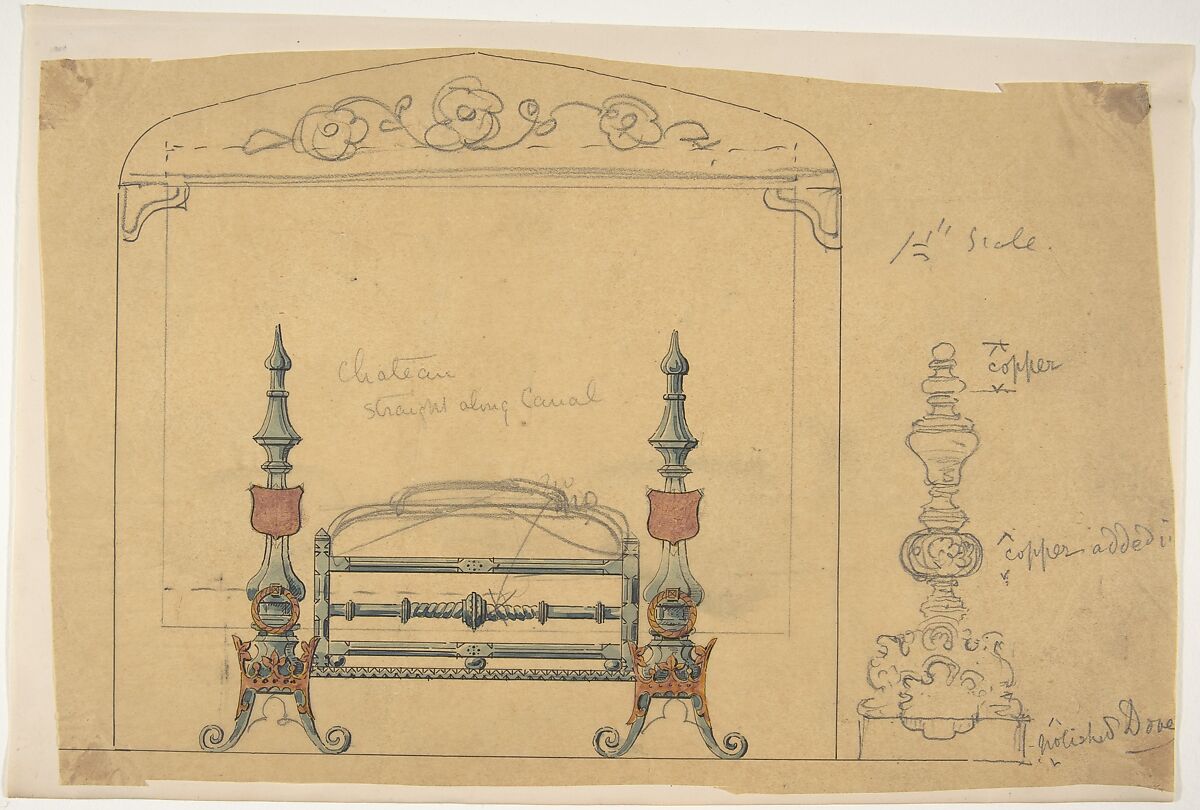 Design for a Grate and Surrounding Mantel, Anonymous, British, 19th century, Pen and ink, graphite and watercolor on tracing paper 