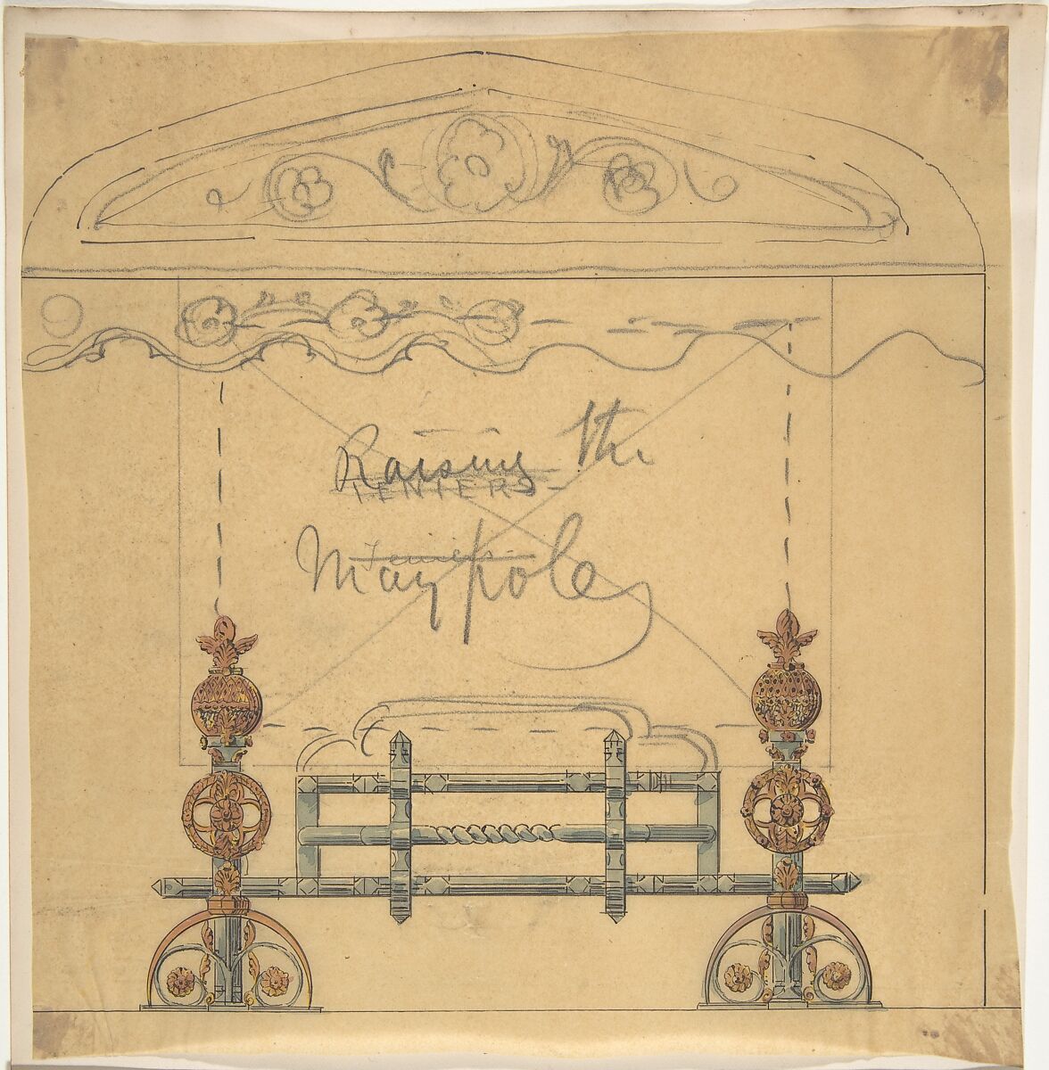 Design for a Grate, Anonymous, British, 19th century, Pen and ink, graphite and watercolor on tracing paper 