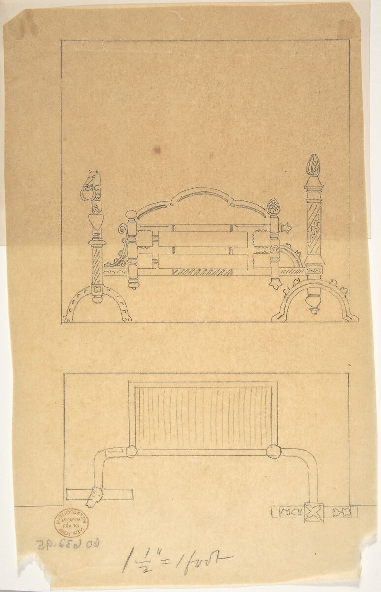 Design for Grate, with Plan, Anonymous, British, 19th century, Graphite on tracing paper 