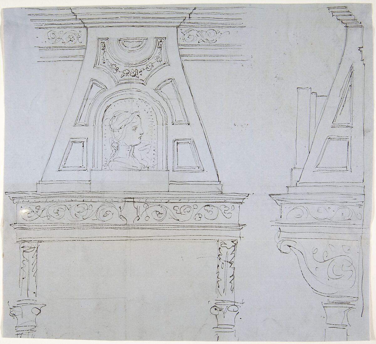 Mantlepiece Design with Mirror, Anonymous, British, 19th century, Pen and ink on blue paper 