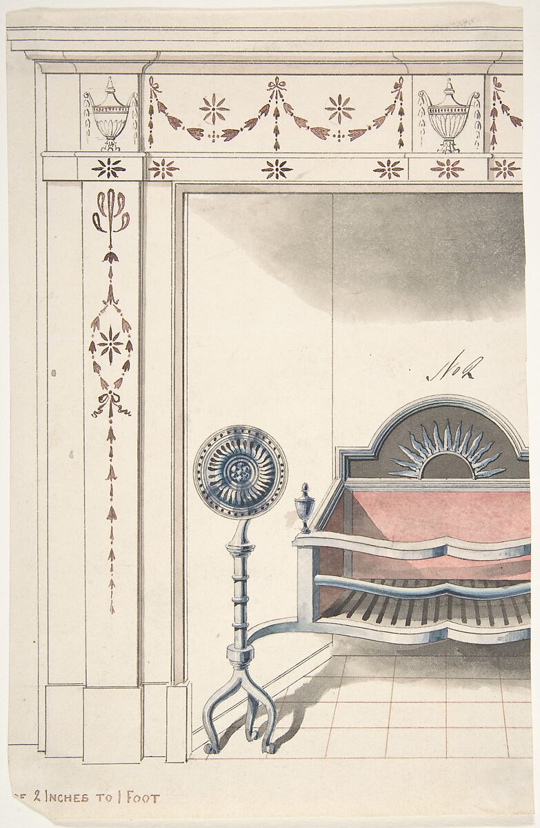 Fireplace and Grate Design with Sunflower Andirons, Anonymous, British, 19th century, Pen and ink and watercolor 