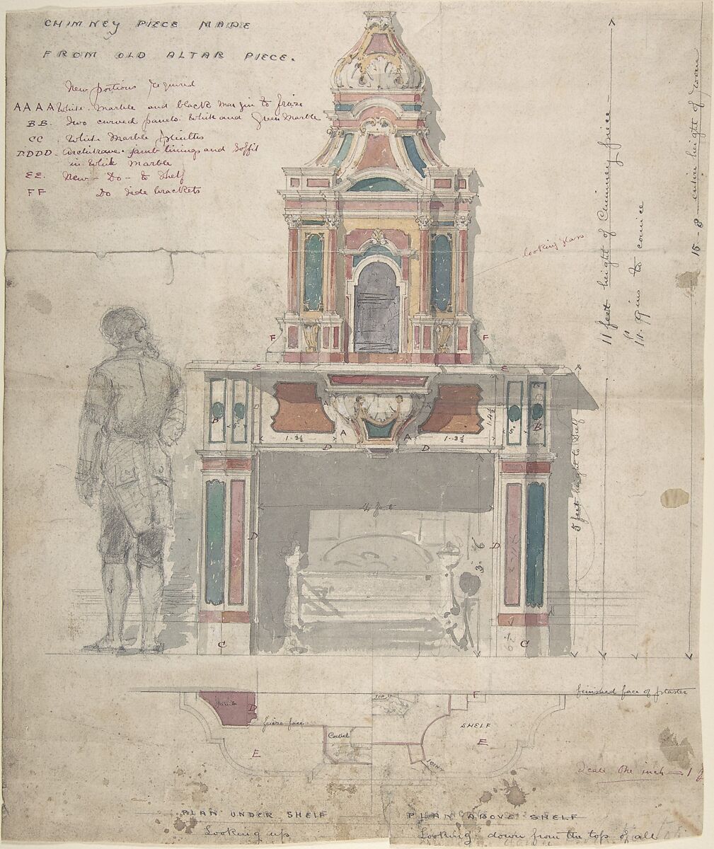 Design for a Chimneypiece Made from an Old Altarpiece, Anonymous, British, 19th century, Pen and ink and watercolor 