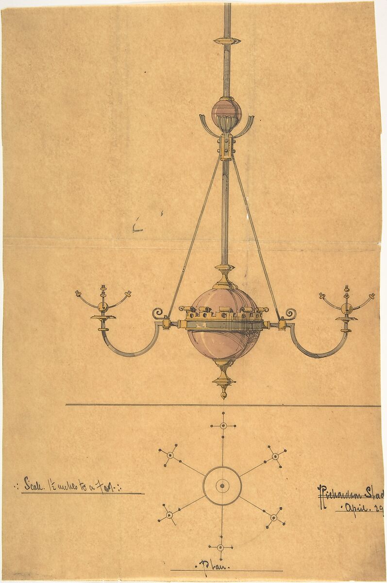 Design for a Glass Chandelier, Richardson Ellson &amp; Co. (British), Pen and ink, brush and wash, watercolor and metallic pigment 