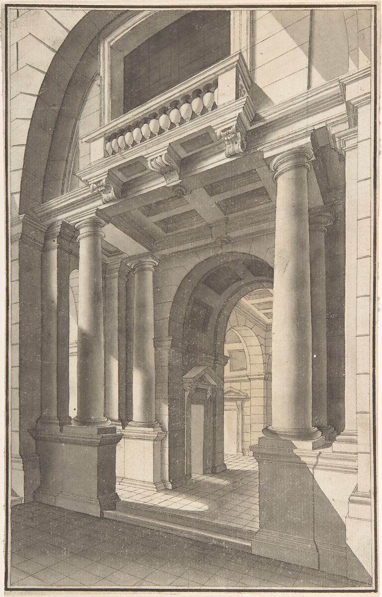 Architectural Perspective of an Arched Vestibule, Anonymous, British, 18th century, Pen and ink, brush and wash 