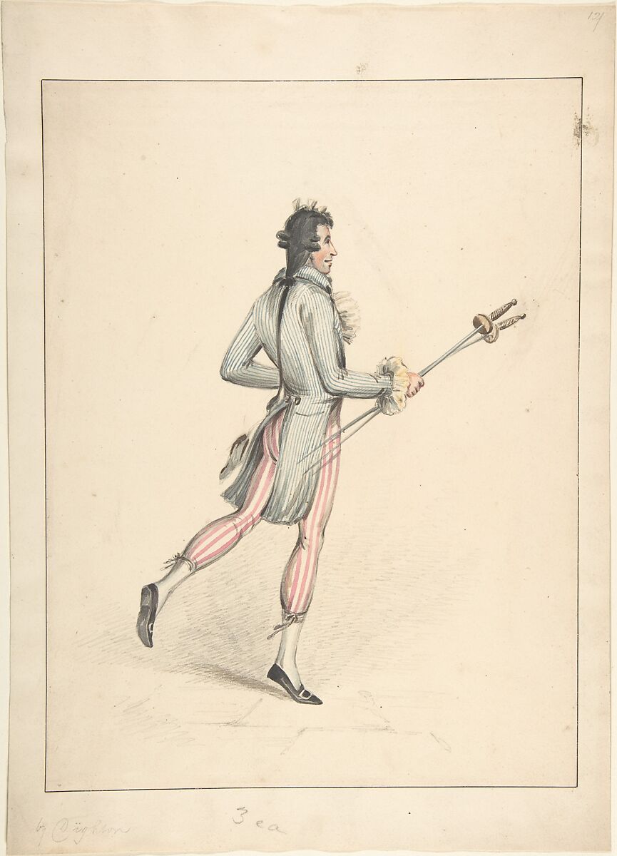 A fencing master (recto); sketch of a man's head (verso), Possibly by Robert Dighton the Elder (British, London ca. 1751–1814 London), Watercolor and gouache (recto); graphite (verso) 