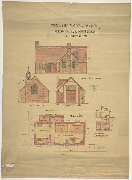 Elevation and Plan of Parish of Great Bentley near Colchester, Mission Chapel and Infant School at Angers Green, Ernest Geldart (British, London 1848–1929), Watercolor, pen and black ink 