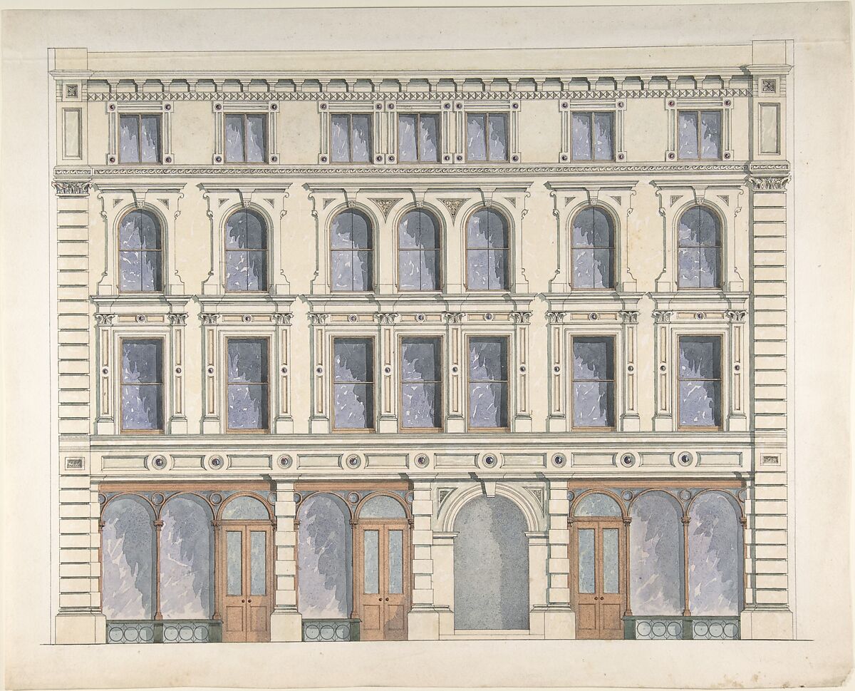 Design for a City Building with Three Shops on the Ground Floor, Anonymous, British, 19th century, Pen and ink, brush and wash and watercolor 