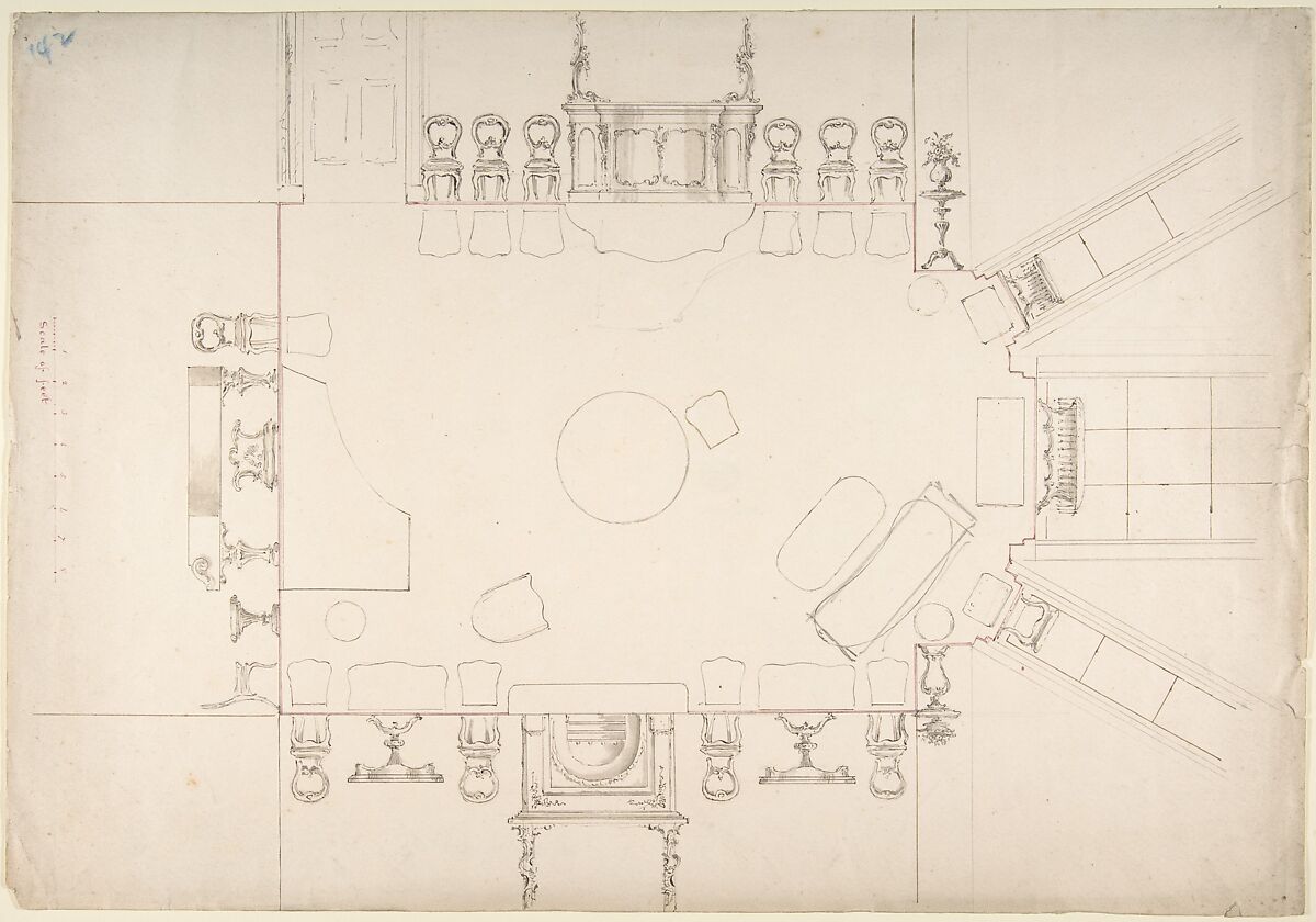 Plan and Elevations of a Music Room, Anonymous, British, 19th century, Pen and ink, graphite, watercolor 
