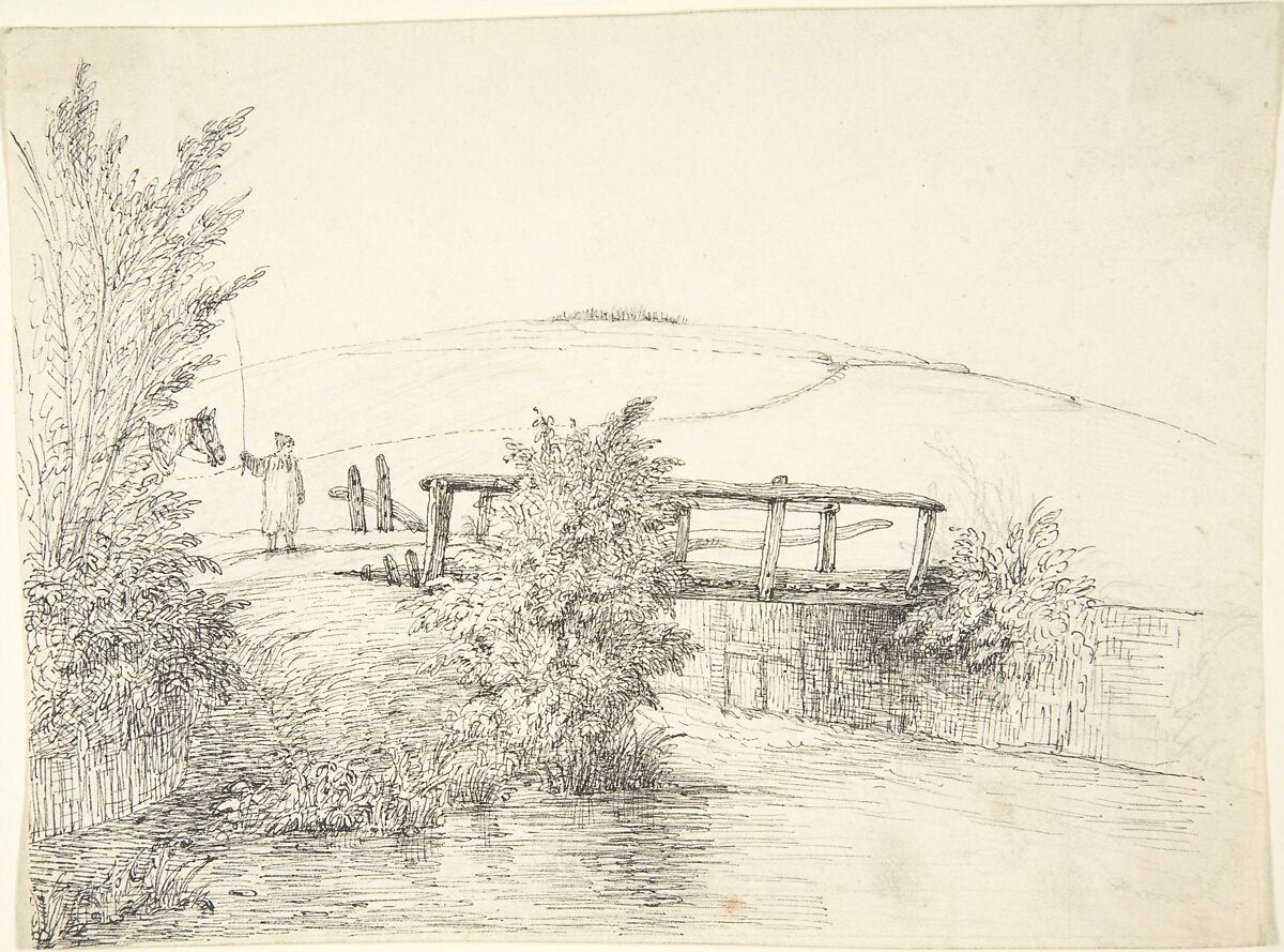 Landscape with a Bridge (recto); Thatched Cottage (verso), Anonymous, British, 19th century, Pen and ink (recto); graphite (verso) 