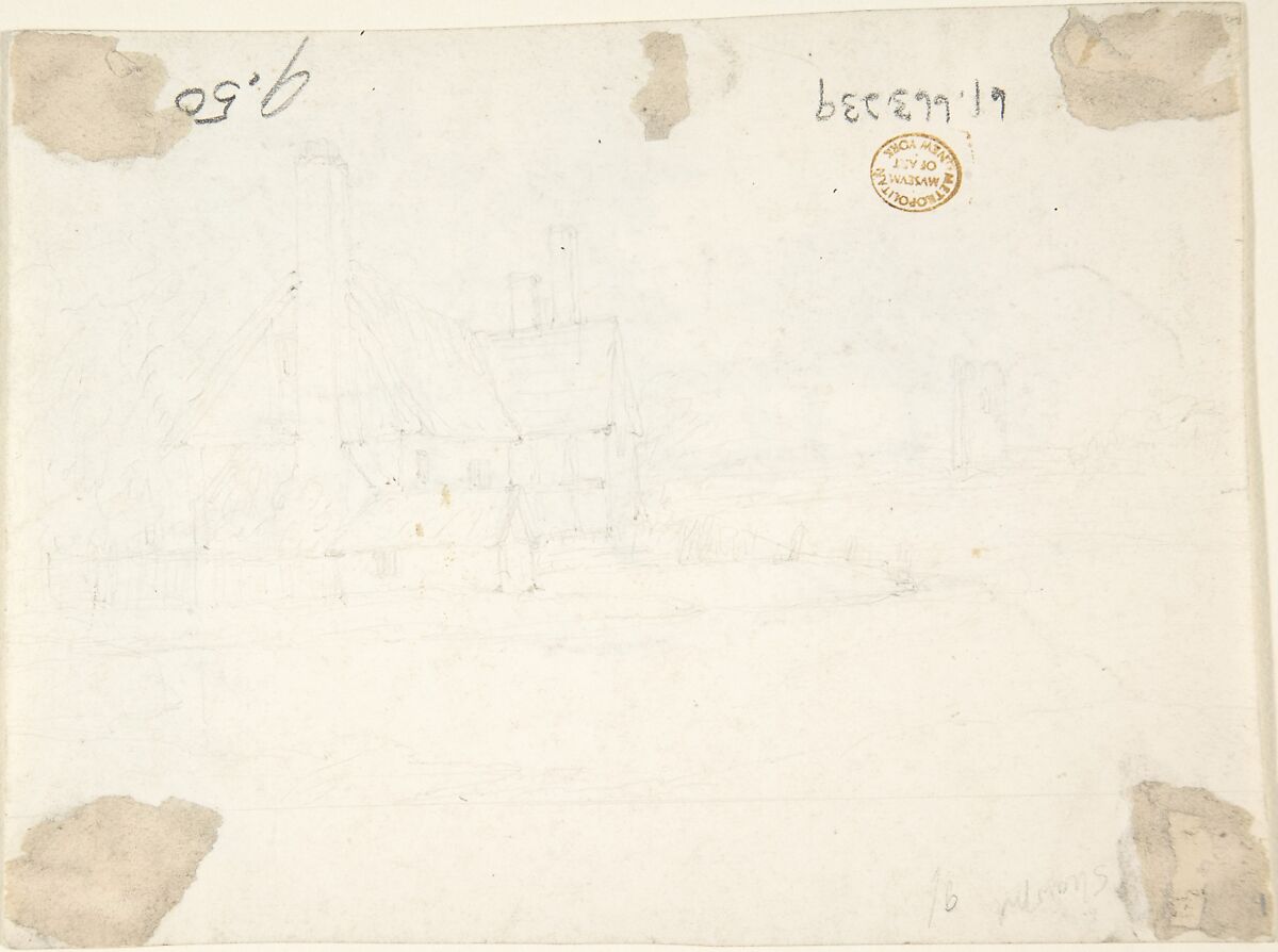 Landscape with a Bridge (recto); Thatched Cottage (verso), Anonymous, British, 19th century, Pen and ink (recto); graphite (verso)