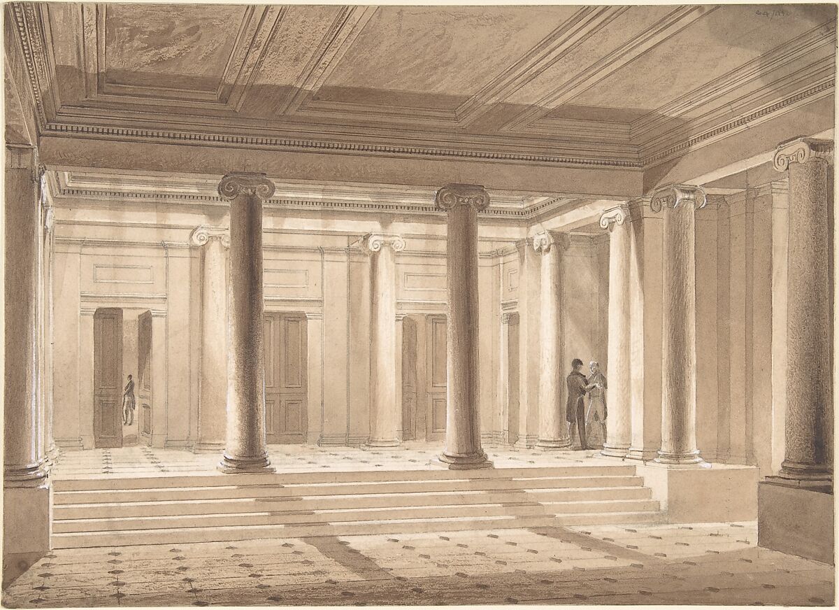 Ionic Entrance Hall, Anonymous, British, 19th century, Pen and ink, brush and brown wash 