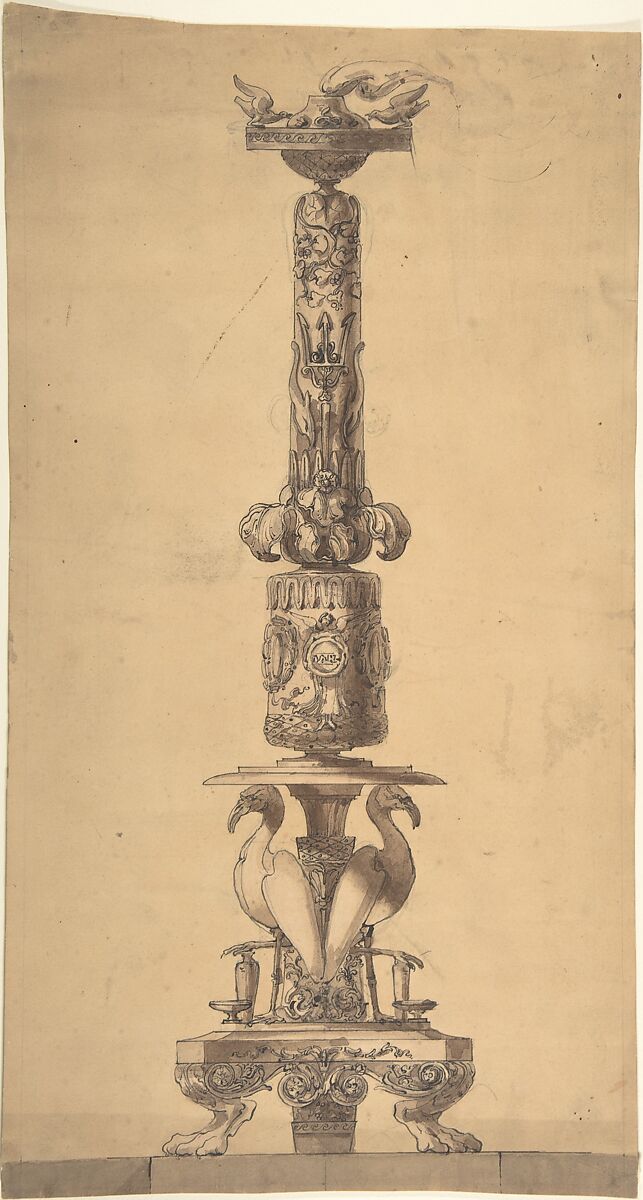 Design for a Candelabrum, Edgar George Papworth Sr. (British, London 1809–1866 London), Pen and ink, brush and gray wash 