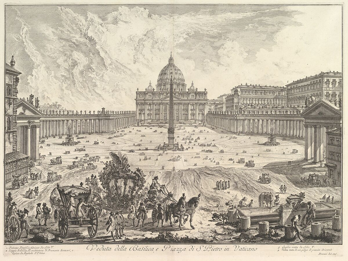 View of St. Peter's Basilica and Piazza in the Vatican, from "Vedute di Roma" (Roman Views), Giovanni Battista Piranesi (Italian, Mogliano Veneto 1720–1778 Rome), Etching; first state of seven (Hind) 