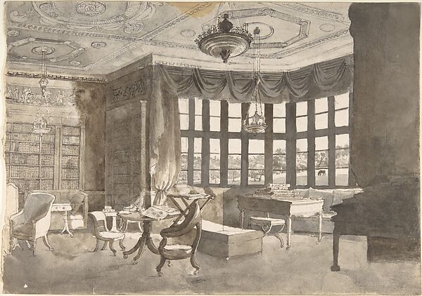 Interior of an English Country House Library, Anonymous, British, late 19th to early 20th century, Pen and ink, brush and wash 