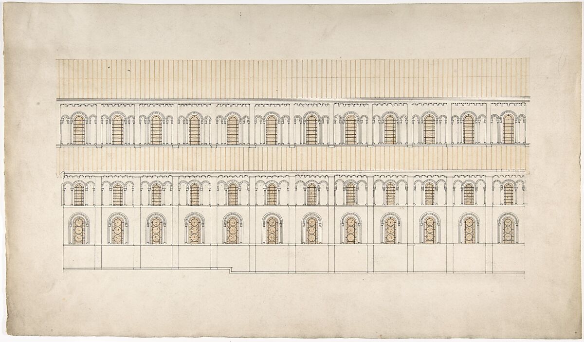 Elevation of a Pseudo-Romanesque Hall or Church, Anonymous, British, 19th century, Pen and ink, brush and wash 