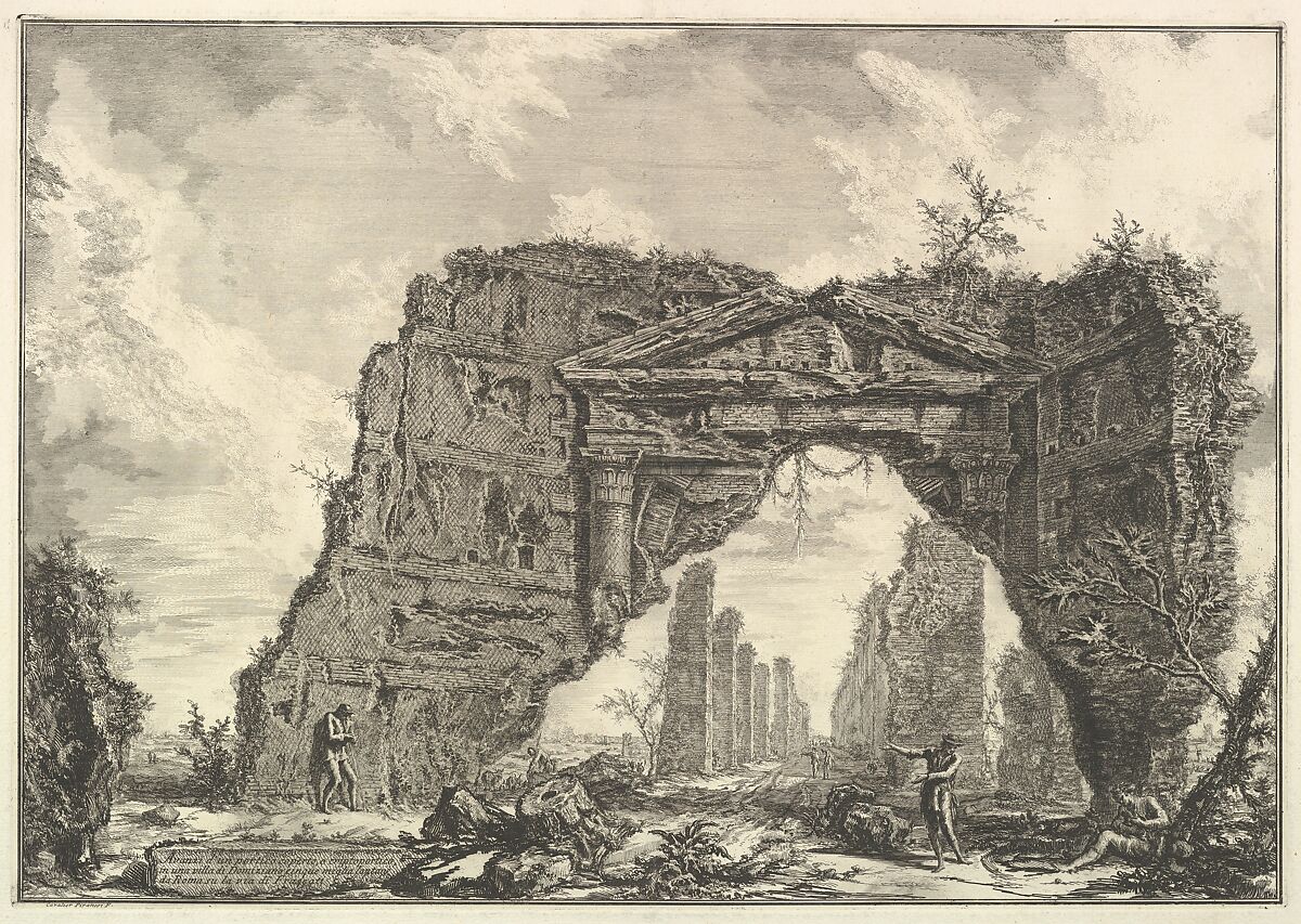 Remains of a covered portico, or a cryptoporticus, in a villa of Domitian, five miles outside Rome on the Frascati road, from Vedute di Roma (Roman Views), Giovanni Battista Piranesi (Italian, Mogliano Veneto 1720–1778 Rome), Etching; first state of four (Hind) 
