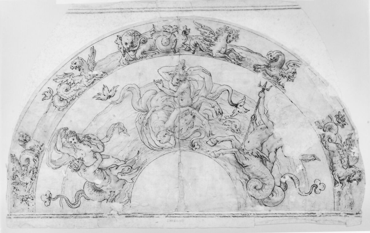Semi-Circular Design of Battle of Sea Gods with Border of Sea Creatures, Anonymous, Italian, late 16th century, Pen and brown ink, brush and brown wash, over black chalk