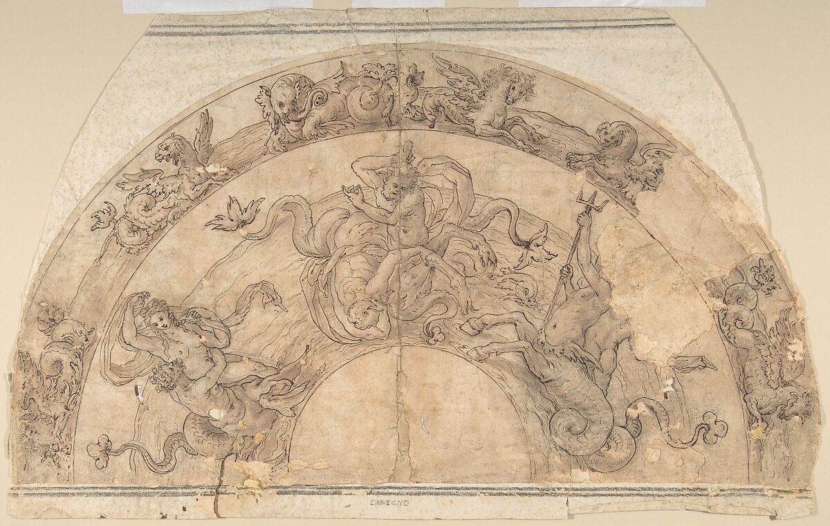 Semi-Circular Design of Battle of Sea Gods with Border of Sea Creatures, Anonymous, Italian, late 16th century, Pen and brown ink, brush and brown wash, over black chalk 