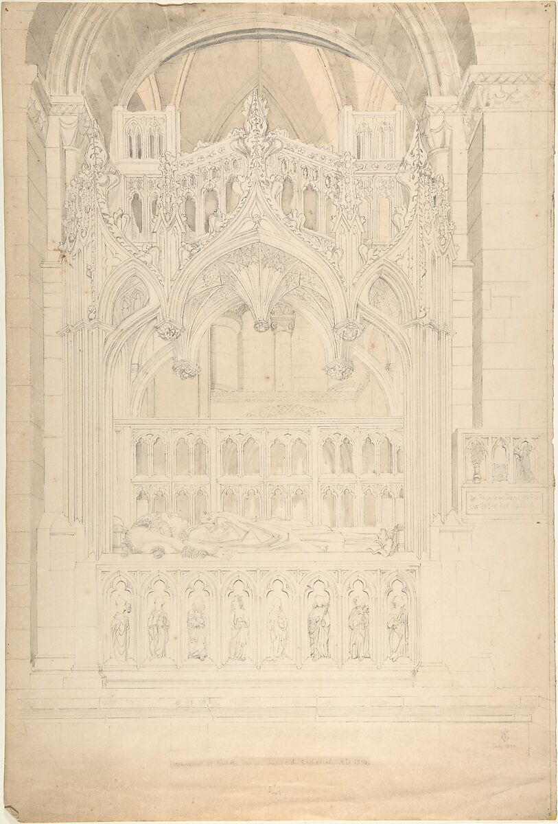 Monument of Bishop Mays, Hereford Castle AD1516, Attributed to Sir Charles Barry (British, London 1795–1860 London), Pen and ink, brush and wash, over graphite 