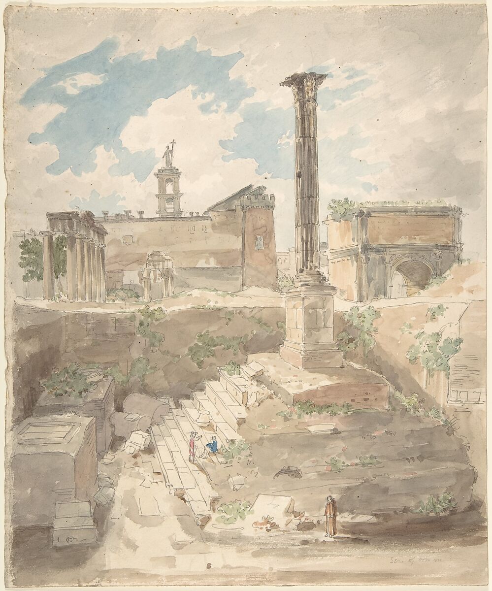 View of the Roman Forum, unexcavated, Attributed to Sir Charles Barry (British, London 1795–1860 London), Watercolor over graphite 