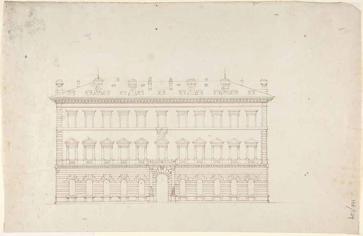 Design for a Public Building in the Italian Renaissance Palazzo Style, Attributed to Sir Charles Barry (British, London 1795–1860 London), Pen and brown ink over graphite 
