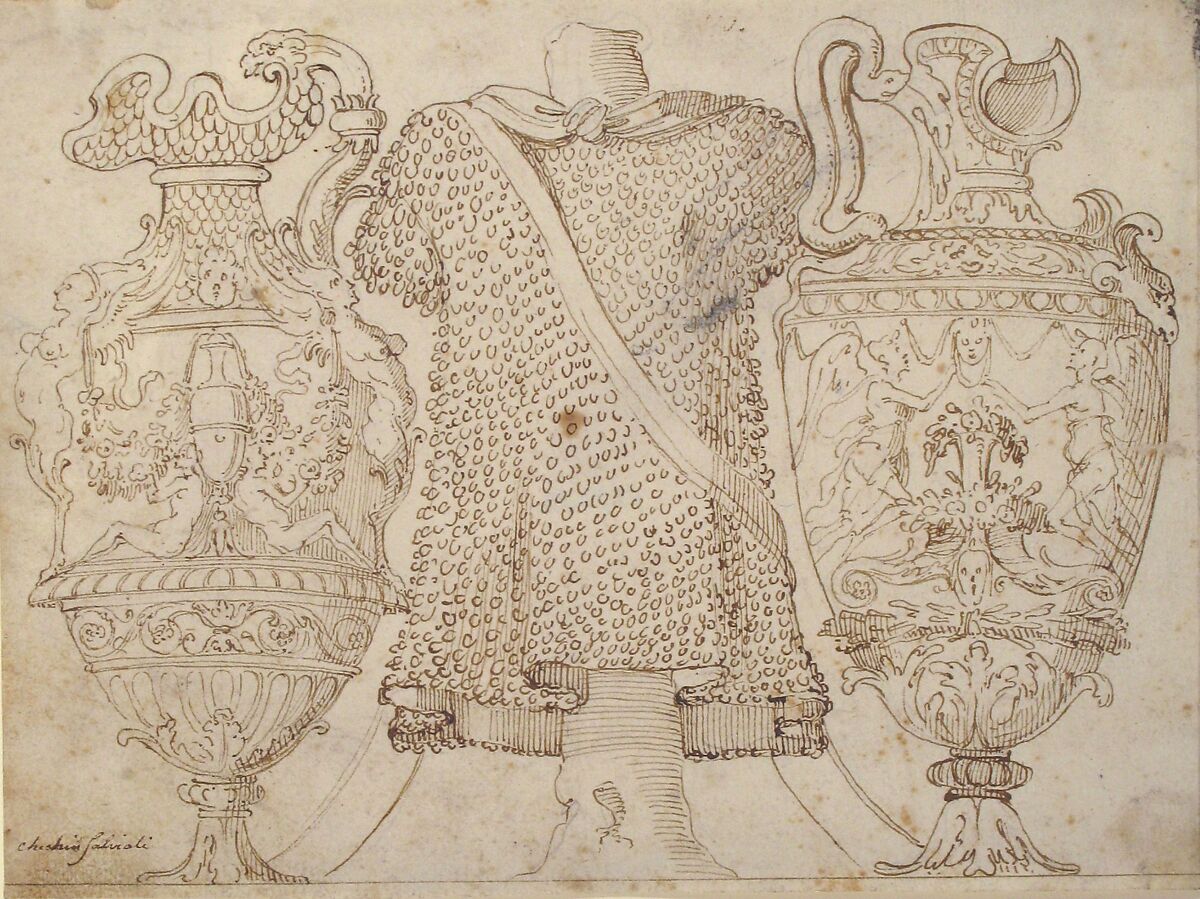 Ornamental Design with Amphore and Antique Style Armor, After Polidoro da Caravaggio (Italian, Caravaggio ca. 1499–ca. 1543 Messina), Pen and brown ink over traces of black chalk or leadpoint; partial framing line