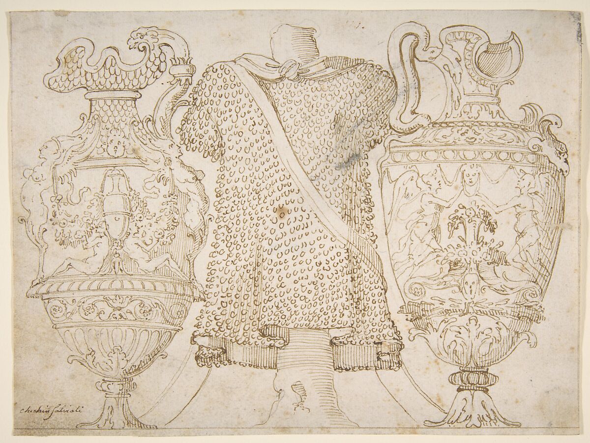 Ornamental Design with Amphore and Antique Style Armor, After Polidoro da Caravaggio (Italian, Caravaggio ca. 1499–ca. 1543 Messina), Pen and brown ink over traces of black chalk or leadpoint; partial framing line 