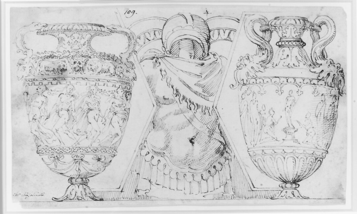 Ornamental Design with Amphore and Antique Style Armor (recto); Sketch with Two Figures (verso), After Polidoro da Caravaggio (Italian, Caravaggio ca. 1499–ca. 1543 Messina), Pen and brown ink, over traces of black chalk or leadpoint; partial framing line (recto); graphite or leadpoint; pen and brown ink (verso)
