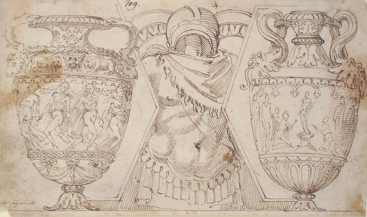 Ornamental Design with Amphore and Antique Style Armor (recto); Sketch with Two Figures (verso), After Polidoro da Caravaggio (Italian, Caravaggio ca. 1499–ca. 1543 Messina), Pen and brown ink, over traces of black chalk or leadpoint; partial framing line (recto); graphite or leadpoint; pen and brown ink (verso)