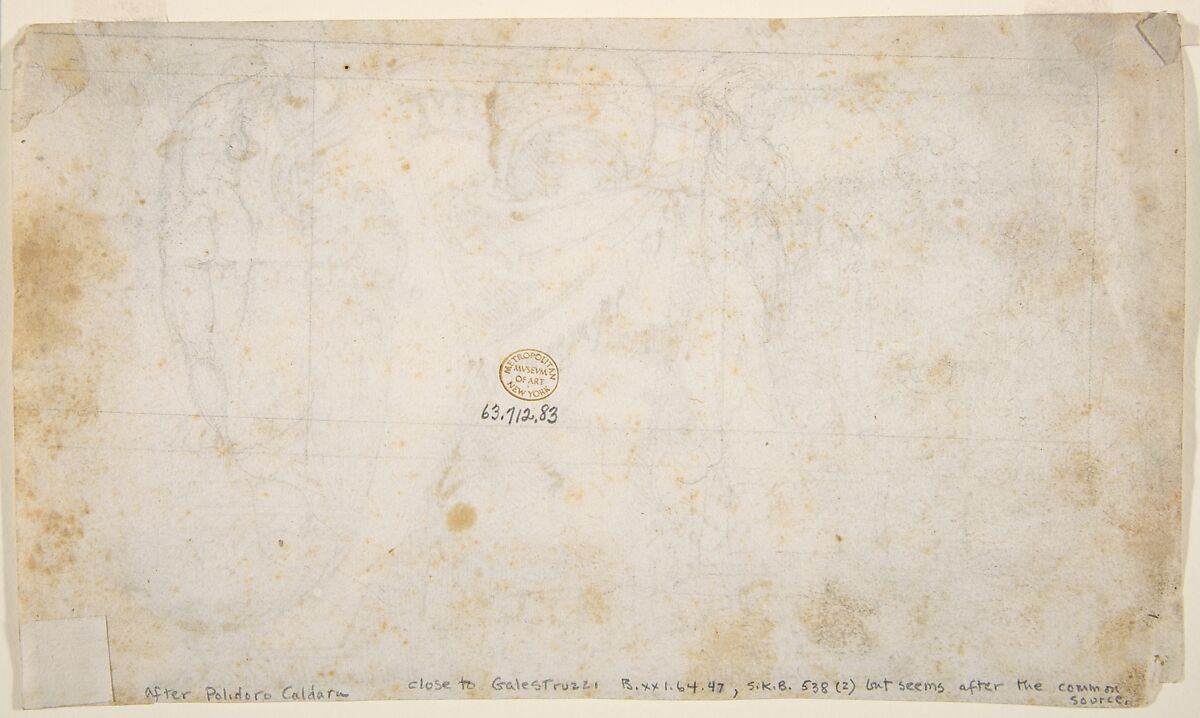 Ornamental Design with Amphore and Antique Style Armor (recto); Sketch with Two Figures (verso), After Polidoro da Caravaggio (Italian, Caravaggio ca. 1499–ca. 1543 Messina), Pen and brown ink, over traces of black chalk or leadpoint; partial framing line (recto); graphite or leadpoint; pen and brown ink (verso)