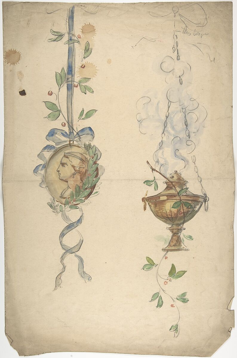 Designs for Trophies Containing Medallion and Urn, Anonymous, British, 19th century, Pen and ink and watercolor 