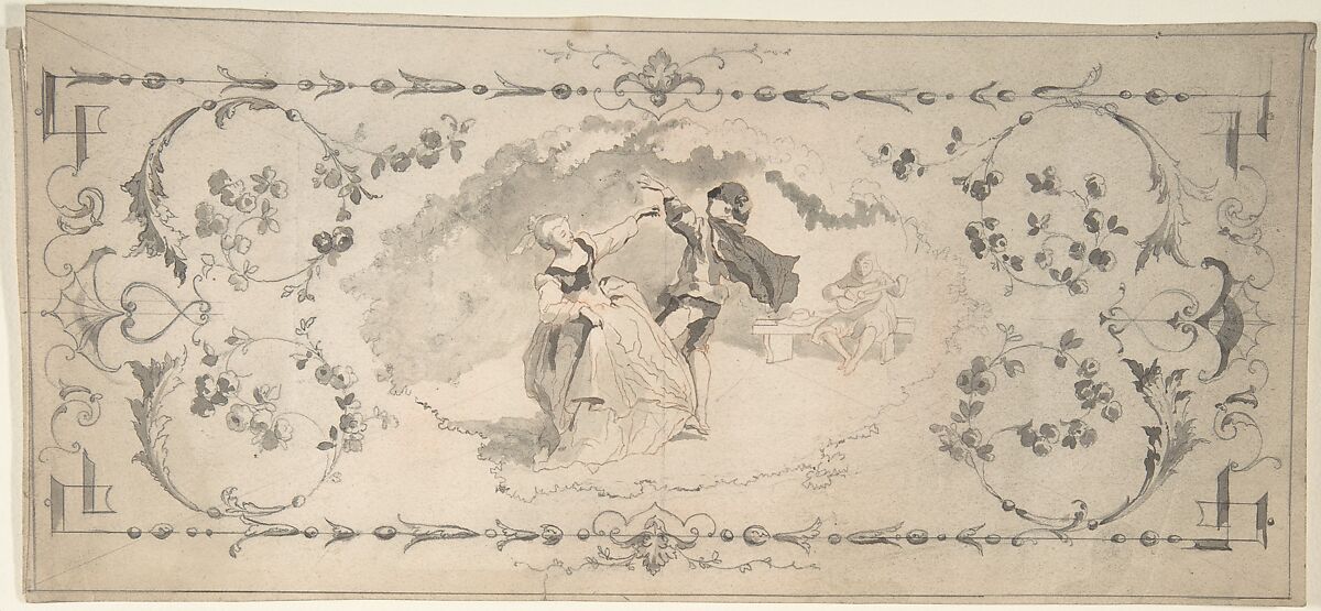 Design with Dancers in a Cartouche, Anonymous, British, 19th century, Pen and ink, brush and wash 