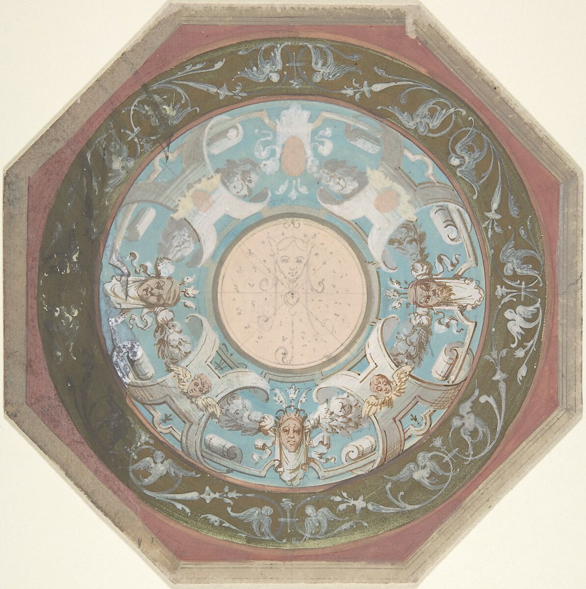 Design for Octagonal Ceiling, Anonymous, British, 19th century, Watercolor and gold 