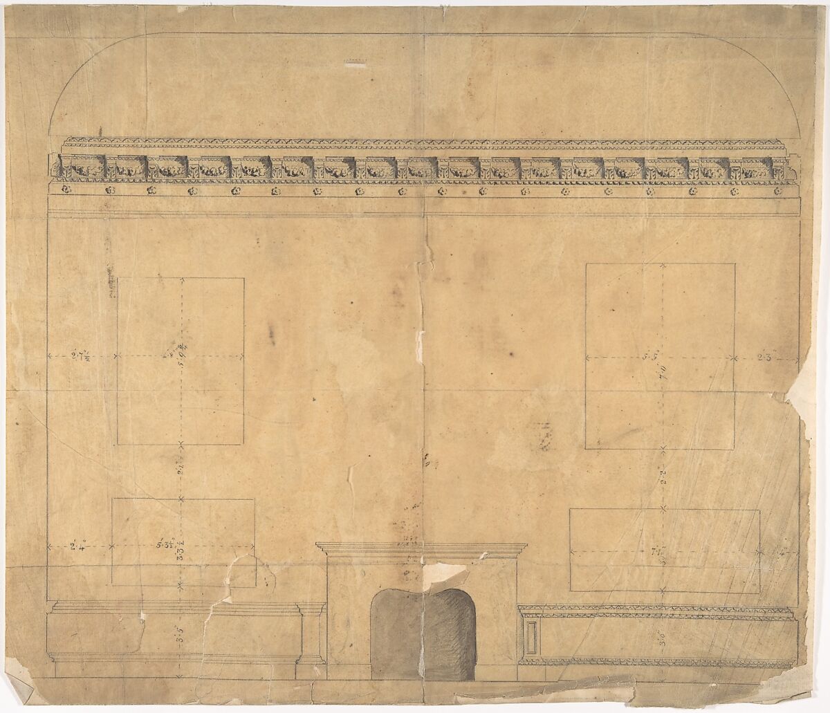 Design for Wall with Chimney Piece, Anonymous, British, 19th century, Pen and ink, brush and wash on tracing paper 