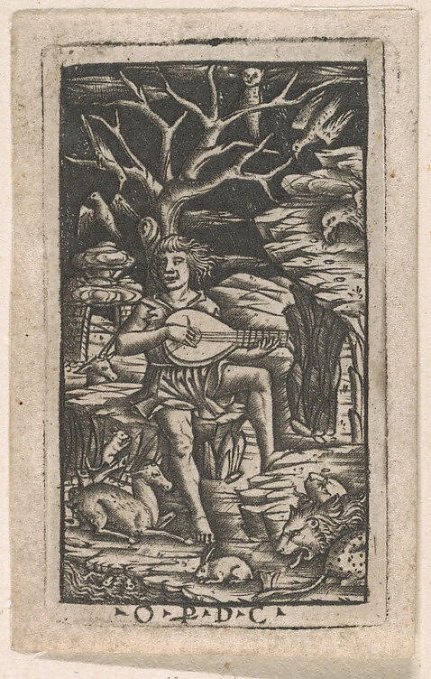 Orpheus seated playing his lyre, and charming the animals, Peregrino da Cesena (Italian, active Bologna, ca. 1490–ca. 1520), Niello print (in the manner of nielli) 