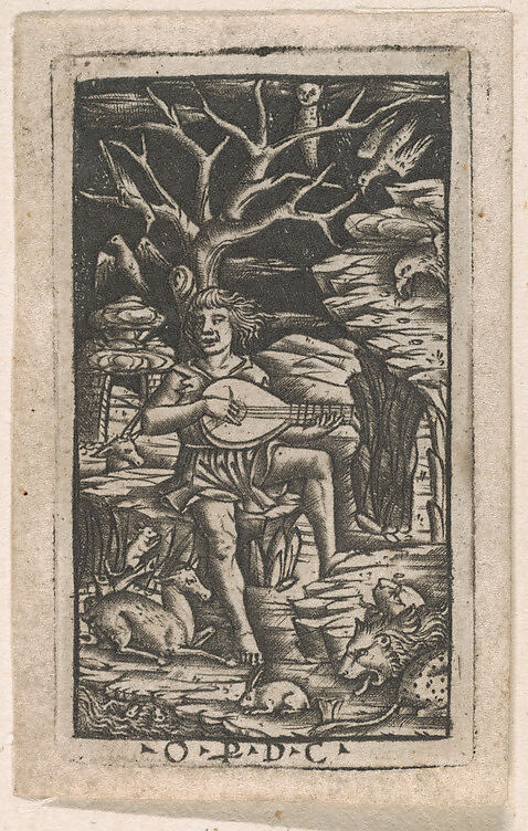 Orpheus seated playing his lyre, and charming the animals, Peregrino da Cesena  Italian, Niello print (in the manner of nielli)