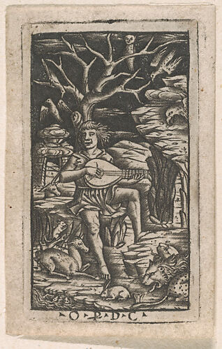Orpheus seated playing his lyre, and charming the animals