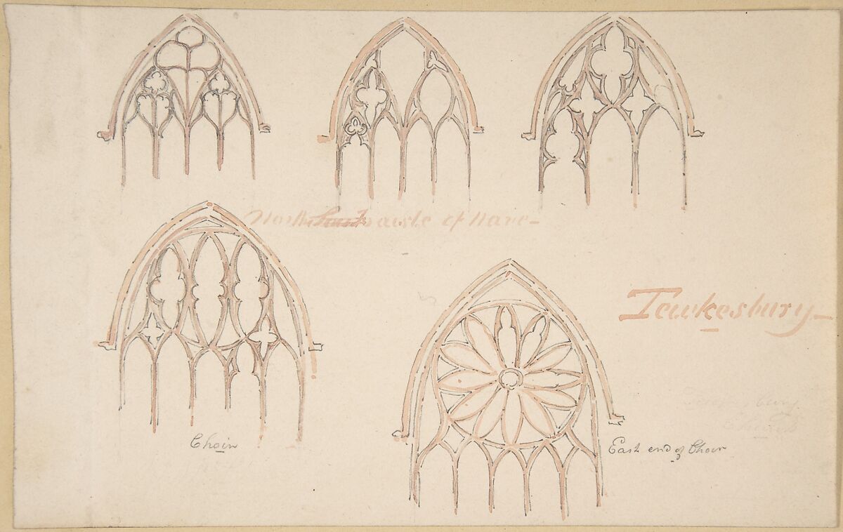 Gothic Window Traceries, Tewkesbury; Tomb (verso), Anonymous, British, 19th century, Pen and ink, brush and wash, over graphite 