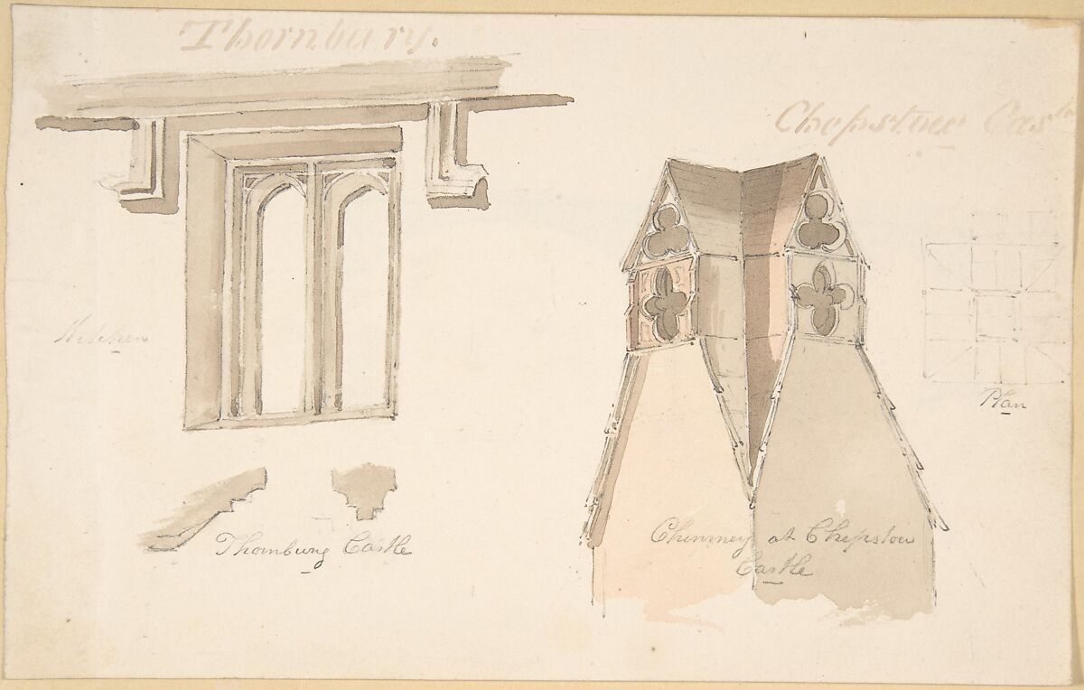 Window at Tewkesbury. Chimney, Chepstow Castle; Bridge at Chepstow (verso), Anonymous, British, 19th century, Pen and ink, brush and wash, over graphite 