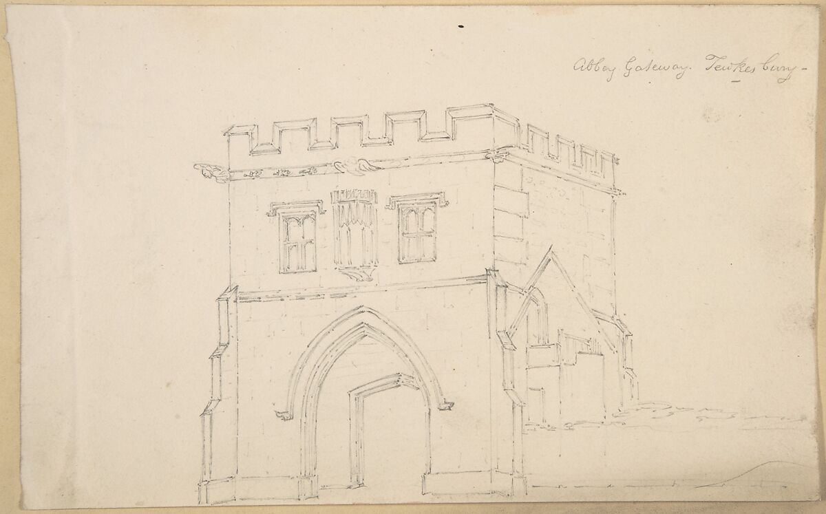 Abbey Gateway, Tewkesbury; Figure from Tomb at Great Malvern (verso), Anonymous, British, 19th century, Graphite 