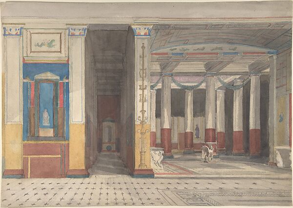 Interior view, including atrium, of the Pomeian Court at the Crystal Palace, Anonymous, British, 20th century, Graphite and watercolor 