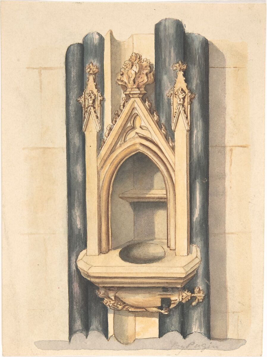 Design for baptismal  font set between paired Purbeck marble columns, Attributed to Auguste Charles Pugin (British (born France), Paris 1768/69–1832 London), Gray and orange-brown washes 