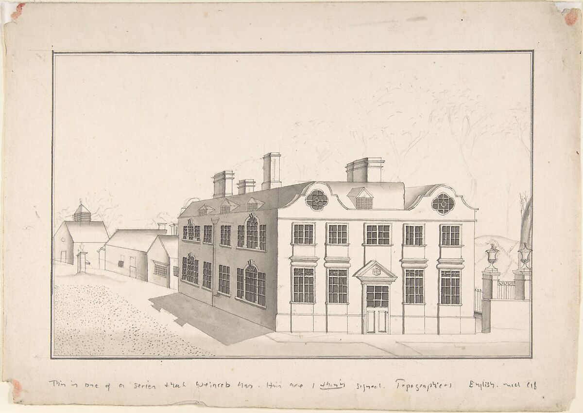 A Jacobean Country House with 18th century alterations (recto); Spired Country Church (verso), Anonymous, British, late 18th–early 19th century, Recto: pen and ink, brush and gray wash
Verso: graphite 