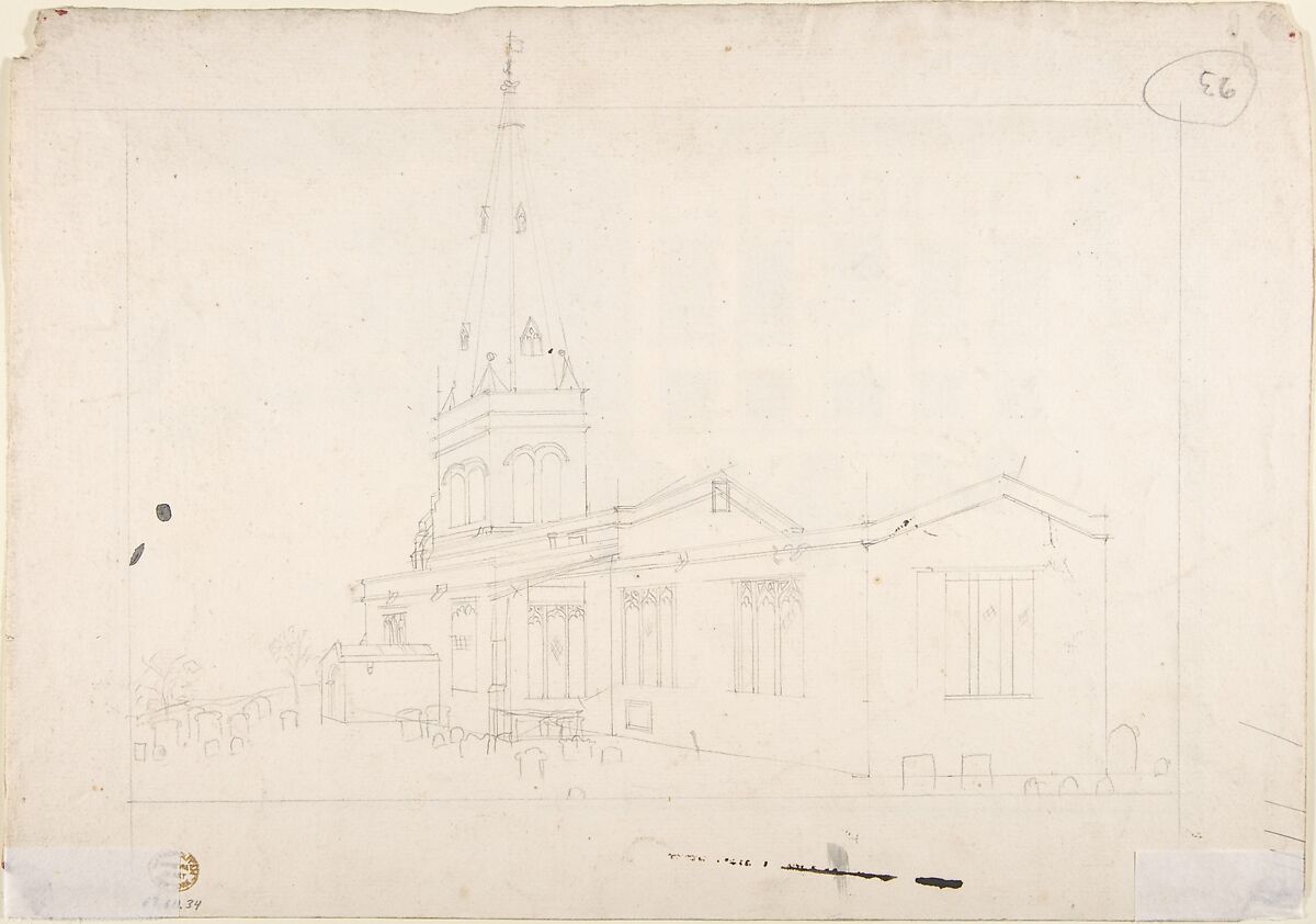 A Jacobean Country House with 18th century alterations (recto); Spired Country Church (verso), Anonymous, British, late 18th–early 19th century, Recto: pen and ink, brush and gray wash
Verso: graphite