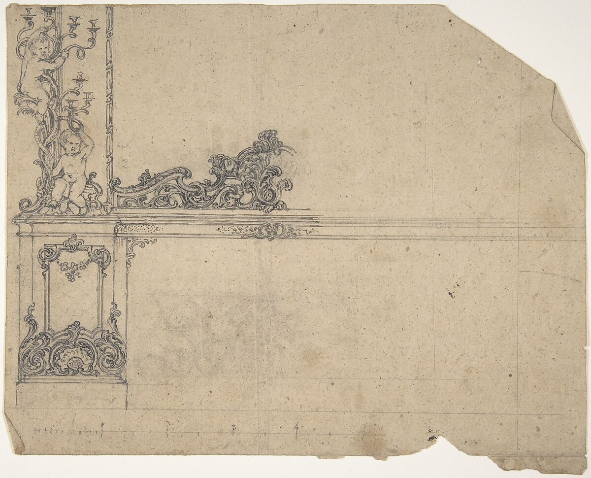 Design for left-hand side of a side-board, framed by sconces with putti, Anonymous, British, 19th century, Pen and Ink and graphite 