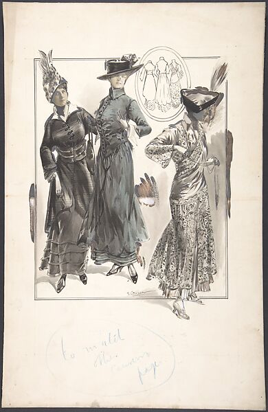 Designs for Three Women's Dresses, H. Causon (British (?), active ca. 1915), Pen and black ink, brush and wash, gouache (bodycolor) 