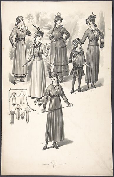 Designs for Women's and Girl's Dresses, Attributed to A. Foa (French, active 1900–1918), Black and white goauche, pen and ink and brush 