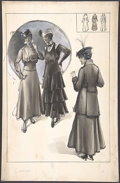 Designs for Three Women's Dresses, H. Causon (British (?), active ca. 1915), Pen and black ink, brush and wash, gouache (bodycolor) 