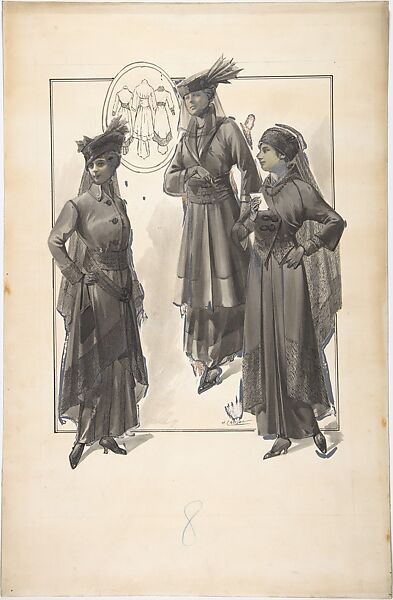 Designs for Three Women's Dresses, H. Causon (British (?), active ca. 1915), Pen and black ink, brush and wash, gouache (bodycolor) 
